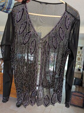 Roman Beaded Mesh Sheer Cardigan Shawl Scalloped Glam Size UK 16 US L